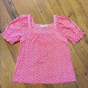 LOFT Cotton Shimmer Puff Sleeve Square Neck Top Blouse Pink White Gold Sz SMALL